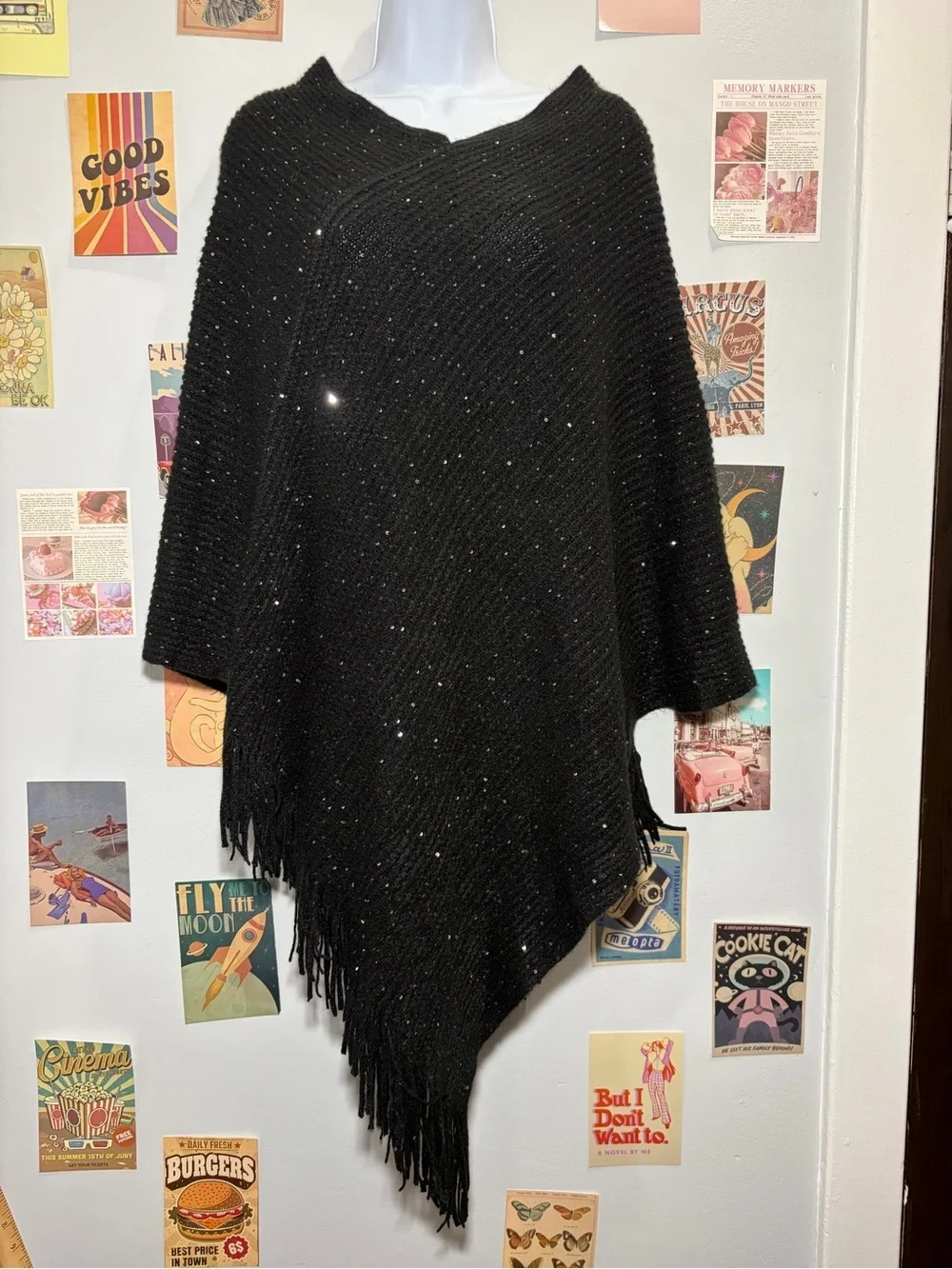 Black Rivet Black Knit Poncho with Fringe Edge